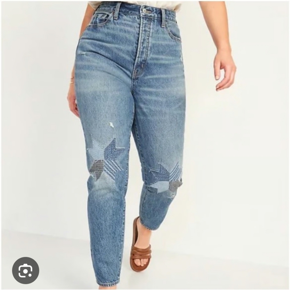 Old Navy Extra Hi-Rise O.G. Straight Jeans With Quilted Star Patchwork Size 12 T